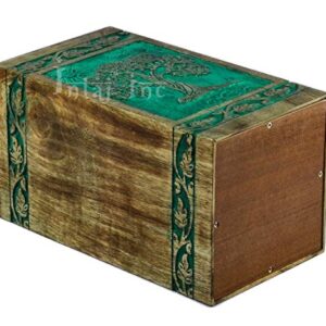 INTAJ Cremation Urn for Human Ashes - Wooden Urn Box for Ashes Handcrafted - Tree of Life Memorial Urn Funeral Cremation Urns (L(11.25x6.25) 250Cu, Teal Green)