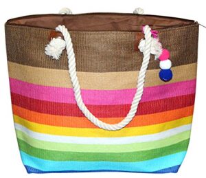 pier 17 women’s beach bags | extra large striped straw shoulder tote with rope handle zipper closure inner pockets