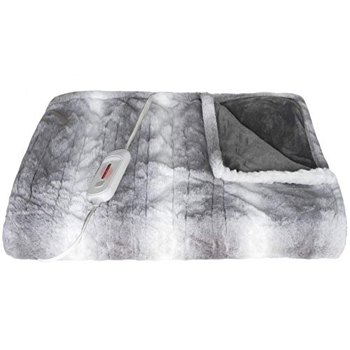 Luxe Faux Fur Soft Plush 100% Animal-Free Electric Throw Heated Blanket with Uniform Heating, 8.5' Power Cord, Handheld Controller with 4 Heat Settings, Grey/White, 50 x 60 in