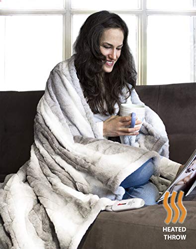 Luxe Faux Fur Soft Plush 100% Animal-Free Electric Throw Heated Blanket with Uniform Heating, 8.5' Power Cord, Handheld Controller with 4 Heat Settings, Grey/White, 50 x 60 in