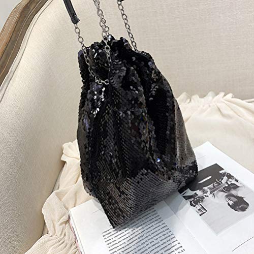 FENICAL Crossbody Bucket Bag Sequin Mermaid Handbag Flippy Tote Bag with Chain Strap for Women Lady Girl - Black