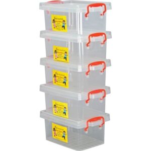 Really Good Stuff Small Clear Plastic Stackable Storage Tubs with Locking Lid – Red Handles Lock Lid in Place – Hold Supplies, Manipulatives and More in Classroom or Home, 8”x4”x5” (Set of 5)