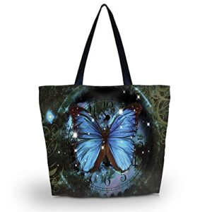 tote bags travel beach totes bag shopping zippered for women foldable waterproof overnight handbag (blue butterfly)