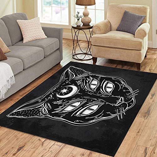 Pinbeam Area Rug Black Cat Head Portrait Moon and Four Eyes Home Decor Floor Rug 3' x 5' Carpet