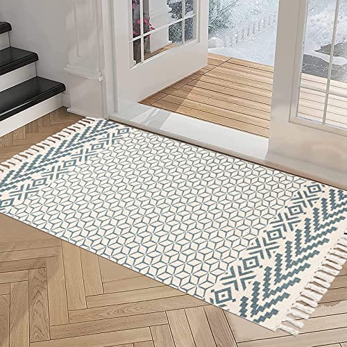 Pauwer Cotton Area Rug Set 2 Piece Washable Printed Cotton Rugs with Tassel Hand Woven Fringe Cotton Rug Runner for Kitchen, Living Room, Bedroom, Laundry Room, Entryway