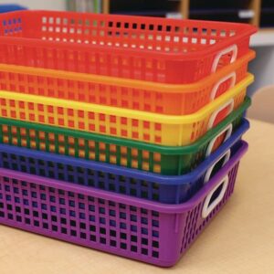 Really Good Stuff - 666001 Plastic Desktop Paper Storage Baskets for Classroom or Home Use – Plastic Mesh Baskets in Fun Rainbow Colors – 14.25” x 10” – (Set of 6)