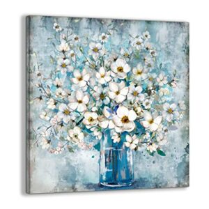 bathroom decor canvas wall art framed wall decoration modern gallery wall decor print white flower in blue bottle theme picture artwork for walls ready to hang for kitchen bedroom decor size 14×14