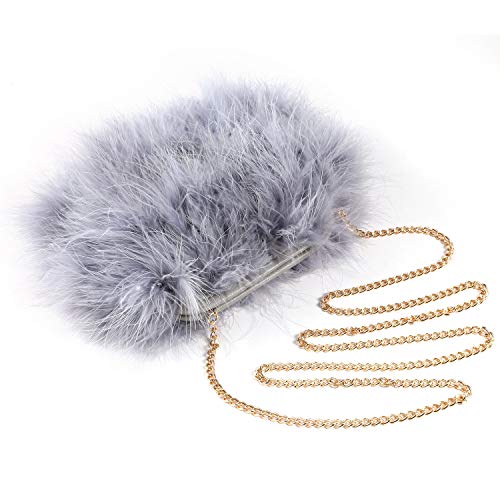 expouch Women Marabou Feather Clutch Bag Evening Handbag with Detachable Chain Strap Wedding Cocktail Party Bag (Grey)