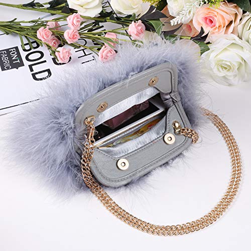 expouch Women Marabou Feather Clutch Bag Evening Handbag with Detachable Chain Strap Wedding Cocktail Party Bag (Grey)