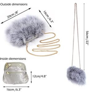 expouch Women Marabou Feather Clutch Bag Evening Handbag with Detachable Chain Strap Wedding Cocktail Party Bag (Grey)