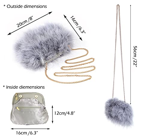 expouch Women Marabou Feather Clutch Bag Evening Handbag with Detachable Chain Strap Wedding Cocktail Party Bag (Grey)