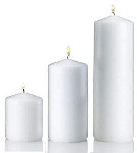 light in the dark white pillar candle variety set – 3 white unscented pillar candles – set includes 3″, 6″ and 9″ candles