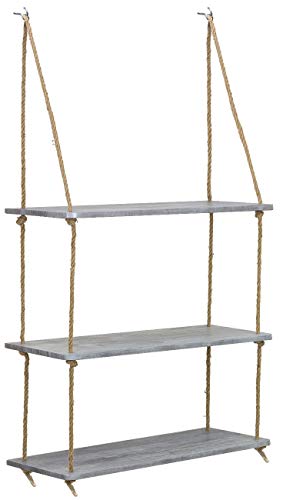 Sorbus Wood Hanging Shelf 3-Tier Rustic Wood Swing Storage Shelves Jute Rope Organizer Rack, Floating Display Shelves (Grey)