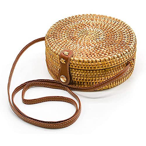 AOLIDA Rattan Bag Handwoven Round Bag Natural Chic Crossbody Handbag Circle Boho Bag for Holiday Dating Beach Gift for Women