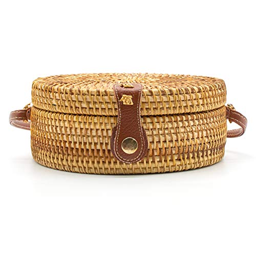 AOLIDA Rattan Bag Handwoven Round Bag Natural Chic Crossbody Handbag Circle Boho Bag for Holiday Dating Beach Gift for Women