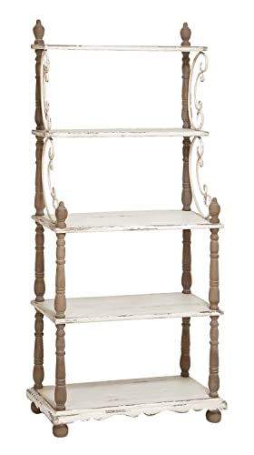 Deco 79 Wood Scroll 5 Shelf Shelving Unit with Brown Spindle Sides and Ball Feet, 32" x 16" x 75", White