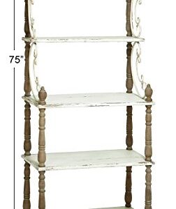 Deco 79 Wood Scroll 5 Shelf Shelving Unit with Brown Spindle Sides and Ball Feet, 32" x 16" x 75", White