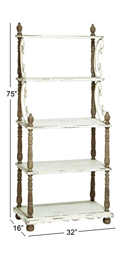 Deco 79 Wood Scroll 5 Shelf Shelving Unit with Brown Spindle Sides and Ball Feet, 32" x 16" x 75", White