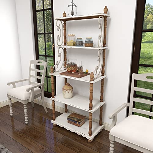 Deco 79 Wood Scroll 5 Shelf Shelving Unit with Brown Spindle Sides and Ball Feet, 32" x 16" x 75", White