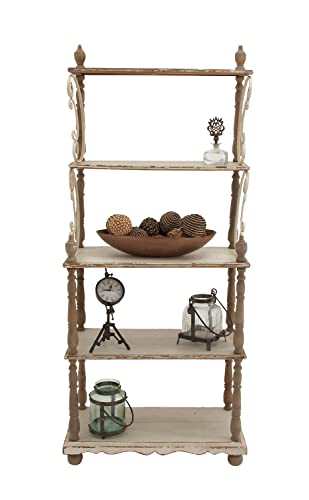 Deco 79 Wood Scroll 5 Shelf Shelving Unit with Brown Spindle Sides and Ball Feet, 32" x 16" x 75", White