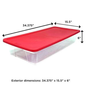 Homz 3421CLRDDC.02 Large 41 Quart Clear Plastic Under Bed Stackable Holiday Storage Container with Red Snap Lock Lid, 2 Pack