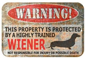 dachshund sign – wiener dog – funny metal signs – warning sign – protected by – dachshund – sign – dog lover gift – weiner dog 8″ x 12″ sign