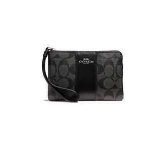 coach f58035 corner zip wristlet in signature coated canvas with leather stripe black smoke – black