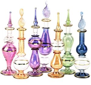 egyptian perfume bottles wholesale set of 12 size 4” mouth-blown with handmade golden egyptian decoration for perfumes & essential oils.