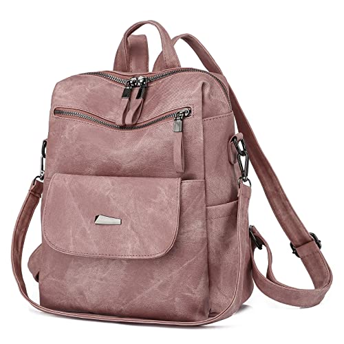 Qyoubi Women's Leather Fashion Backpack Purse Anti-theft Ladies Casual Handbag Convertible Multipurpose Travel Bag Pink