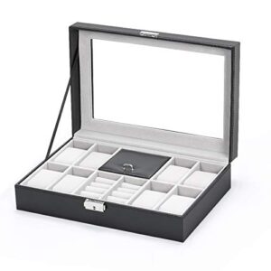 nex watch box, 8 slots lockable leather watch case organizer with ring storage for women men, black