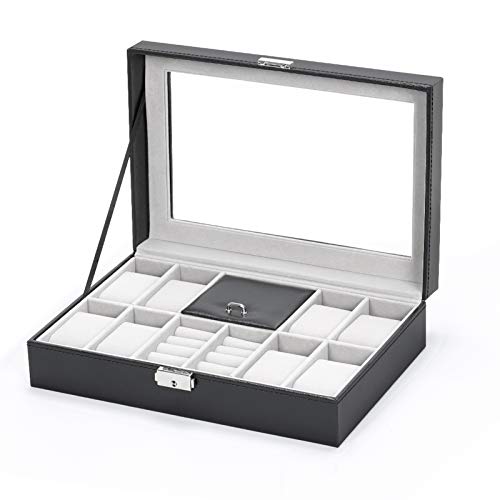 NEX Watch Box, 8 Slots Lockable Leather Watch Case Organizer with Ring Storage for Women Men, Black