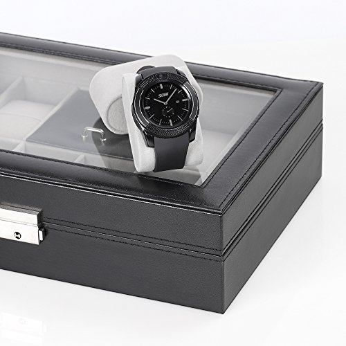 NEX Watch Box, 8 Slots Lockable Leather Watch Case Organizer with Ring Storage for Women Men, Black