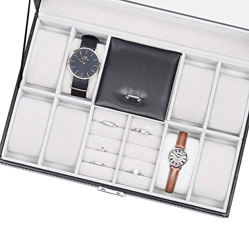 NEX Watch Box, 8 Slots Lockable Leather Watch Case Organizer with Ring Storage for Women Men, Black