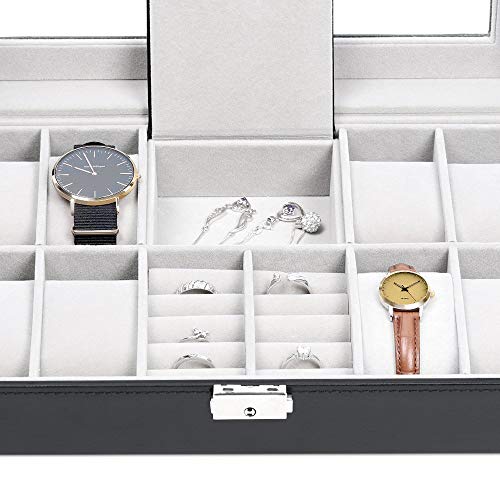 NEX Watch Box, 8 Slots Lockable Leather Watch Case Organizer with Ring Storage for Women Men, Black