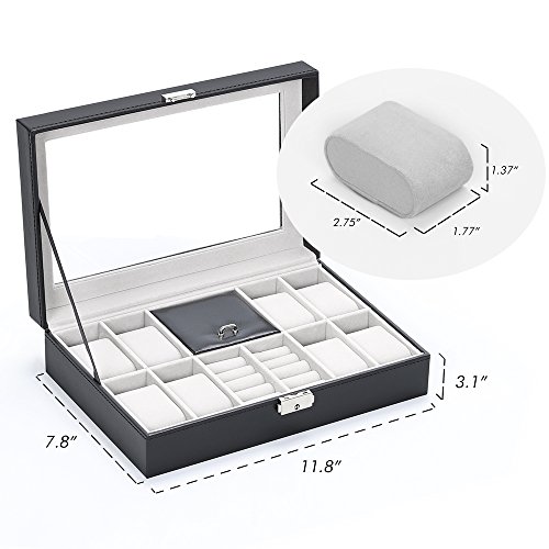 NEX Watch Box, 8 Slots Lockable Leather Watch Case Organizer with Ring Storage for Women Men, Black