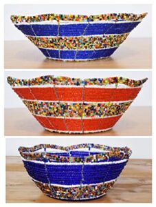 set of 3 african beaded wire bowls (2 x large blue/red, 8 inches + 1 small blue, 6 inches) – maasai jewelry bowl – handmade in kenya, ksbowl012