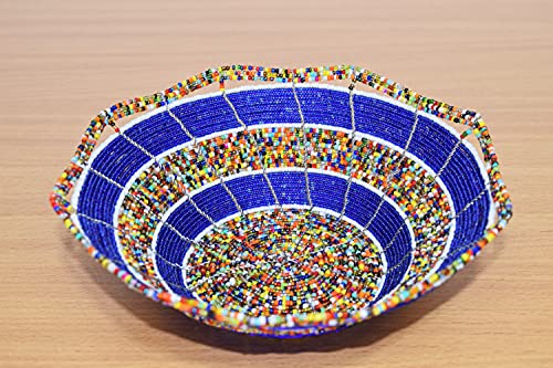 Set of 3 African Beaded Wire Bowls (2 x Large blue/red, 8 Inches + 1 Small blue, 6 inches) - Maasai Jewelry Bowl - Handmade in Kenya, KSBOWL012