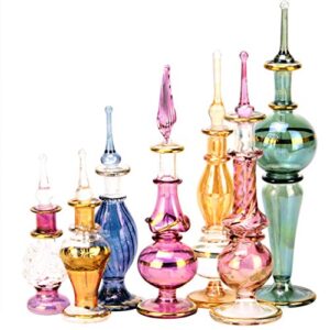 NileCart Egyptian Perfume Bottles Wholesale Mix Collection Set of 12 hand Blown Decorative Pyrex Glass 2-5 in with handmade golden Egyptian decoration for Perfumes & Essential Oils