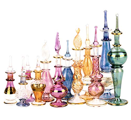 NileCart Egyptian Perfume Bottles Wholesale Mix Collection Set of 12 hand Blown Decorative Pyrex Glass 2-5 in with handmade golden Egyptian decoration for Perfumes & Essential Oils