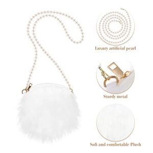 FENICAL Crossbody Bag Plush Pearl Chain Cellphone Purse Small Fuzzy Shoulder Pouch for Women Ladies Girls - White