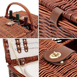 4 Person Wicker Picnic Basket Set with Utensils, Glasses, and Insulated Cooler Bag, Camping Essentials Outdoor Tableware for Family Gatherings