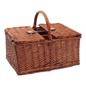 4 Person Wicker Picnic Basket Set with Utensils, Glasses, and Insulated Cooler Bag, Camping Essentials Outdoor Tableware for Family Gatherings