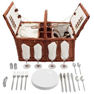 4 Person Wicker Picnic Basket Set with Utensils, Glasses, and Insulated Cooler Bag, Camping Essentials Outdoor Tableware for Family Gatherings