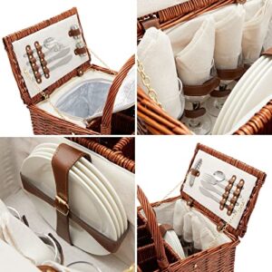 4 Person Wicker Picnic Basket Set with Utensils, Glasses, and Insulated Cooler Bag, Camping Essentials Outdoor Tableware for Family Gatherings