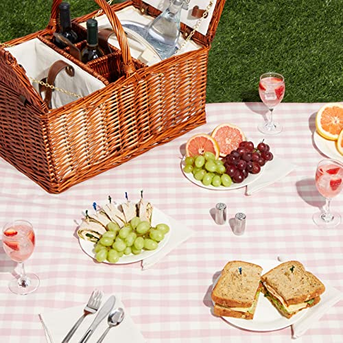 4 Person Wicker Picnic Basket Set with Utensils, Glasses, and Insulated Cooler Bag, Camping Essentials Outdoor Tableware for Family Gatherings