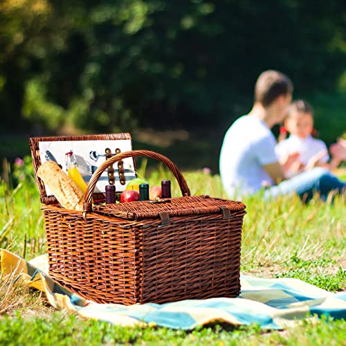 4 Person Wicker Picnic Basket Set with Utensils, Glasses, and Insulated Cooler Bag, Camping Essentials Outdoor Tableware for Family Gatherings