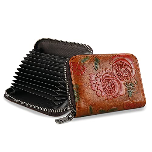 Women's Leather Zipper Wallet Card Organizer Ladies Small Purse with 12 Card Slots (Brown)