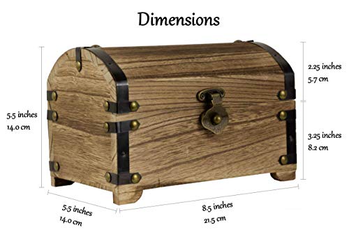 CoreDP Decorative Vintage Wood Treasure Chest, 8.3x5.5x5.5 inches with 90 Degree hinged lid, Old-Fashioned Design, Metal Outline and Buckle [Keepsake Box/Jewelry Box/Toy Treasure Chest]