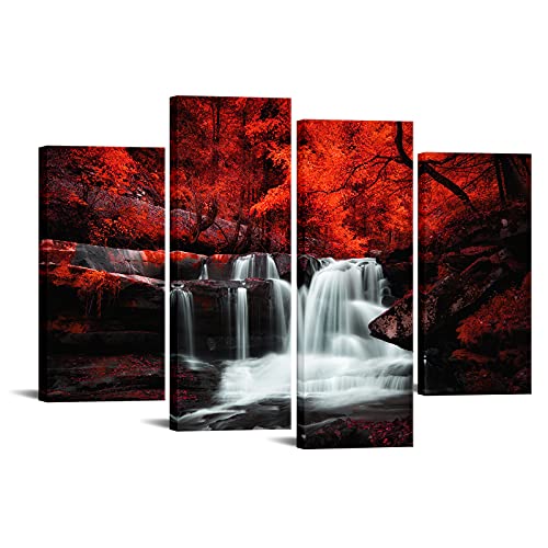 LevvArts Black White and Red Wall Art 4 Pieces Red Tree Forest Waterfall Picture Canvas Print Autumn Landscape Paintings Framed for Office Home Living Room Decor Ready to Hang