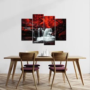 LevvArts Black White and Red Wall Art 4 Pieces Red Tree Forest Waterfall Picture Canvas Print Autumn Landscape Paintings Framed for Office Home Living Room Decor Ready to Hang